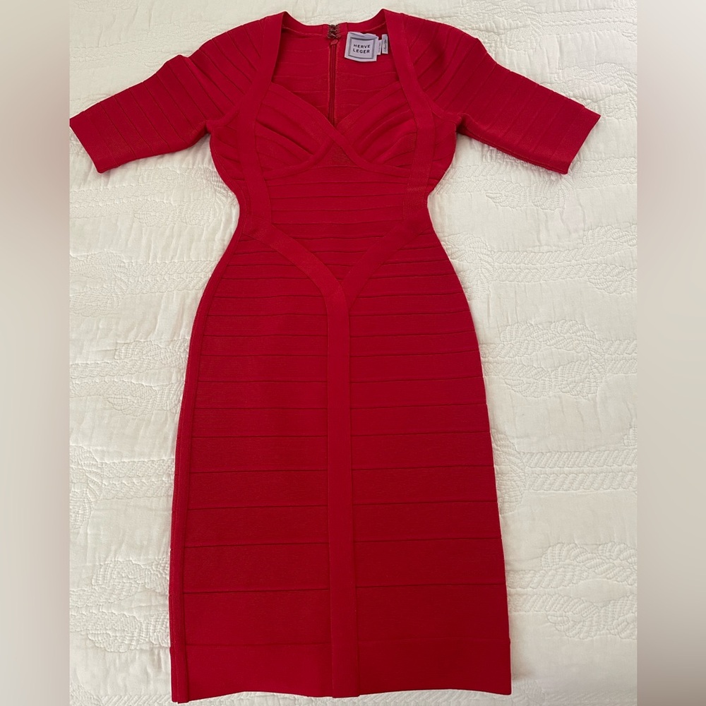 Herve Leger “Lexi” Red 3/4 Sleeve Bandage Dress (Size XS; Brand New)